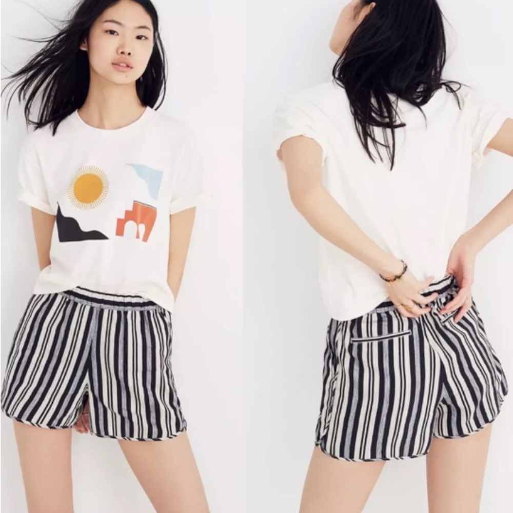Madewell Linen Black & Tan Striped Shorts Elastic Waist Pull On Size XXL